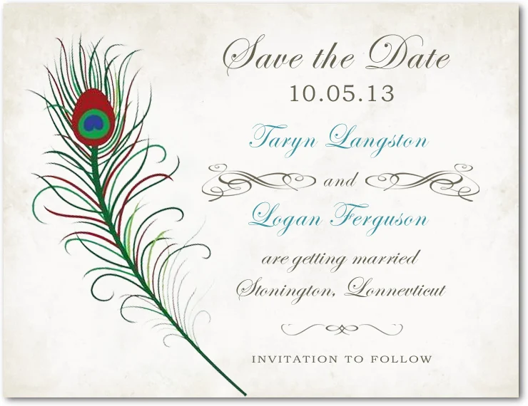 peacock feather save the date card elegant artistic wedding announcement colorful feather design vintage background