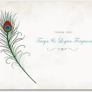 elegant wedding thank you card with peacock feather illustration and refined typography