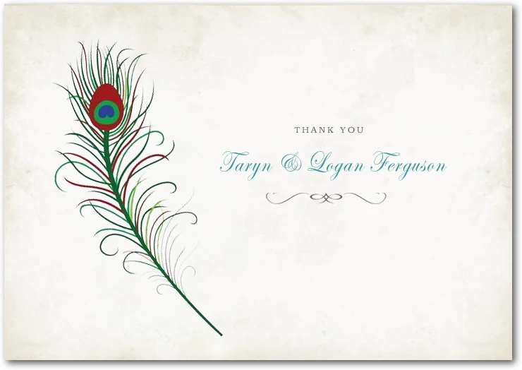 elegant wedding thank you card with peacock feather illustration and refined typography