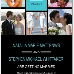 photo collage save the date card modern teal black wedding announcement multiple images grid layout elegant typography