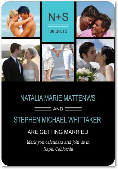 photo collage save the date card modern teal black wedding announcement multiple images grid layout elegant typography