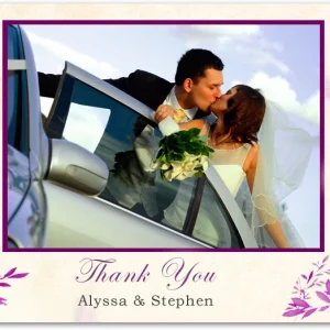 romantic wedding thank you card with couple photo and soft floral accents