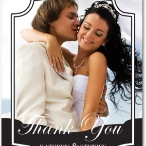 romantic wedding photo thank you card with elegant label frame and script typography