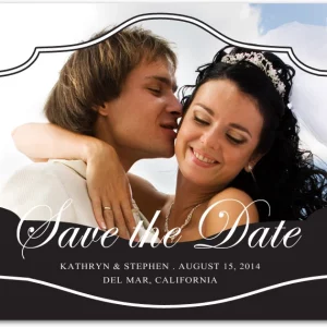 photo save the date card romantic couple elegant script overlay wedding announcement black frame design modern classic style