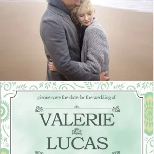 photo save the date card vintage frame mint green wedding announcement elegant couple beach design soft pastel layout