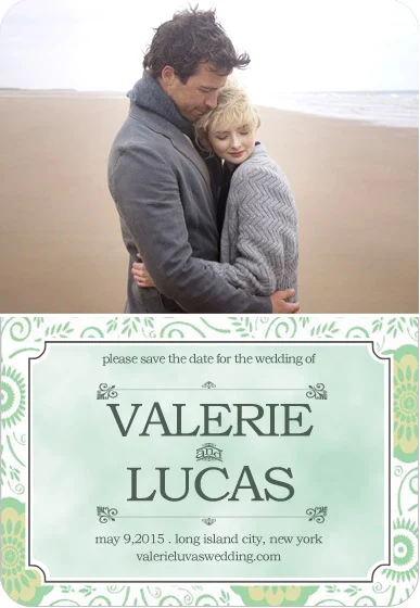 photo save the date card vintage frame mint green wedding announcement elegant couple beach design soft pastel layout