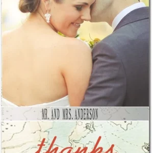 photo thank you card vintage travel wedding map design elegant script couple portrait