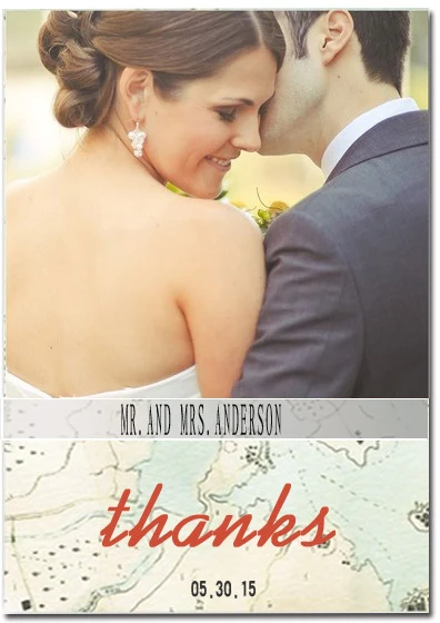 photo thank you card vintage travel wedding map design elegant script couple portrait
