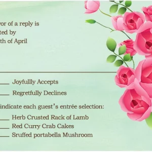 pink rose floral RSVP card romantic garden wedding response card elegant roses green background