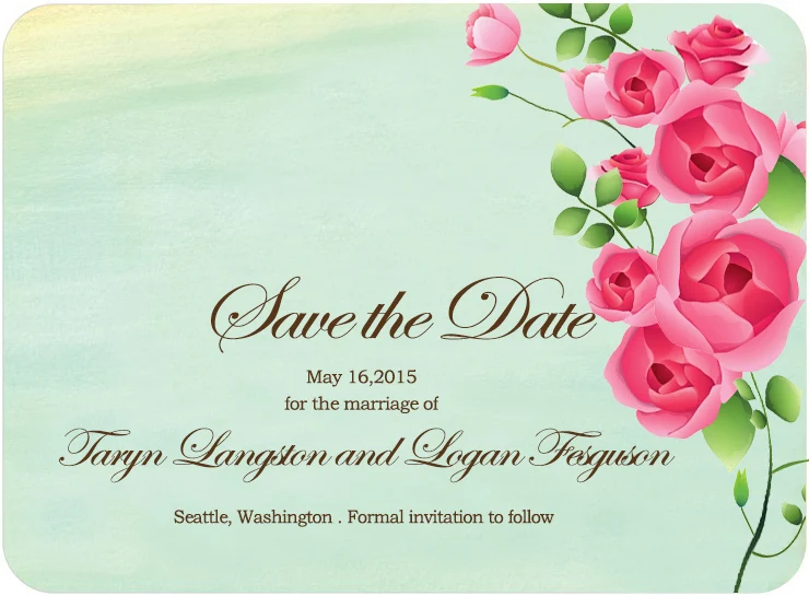 pink rose save the date card elegant floral wedding announcement romantic script green background soft gradient design