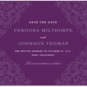 purple damask save the date card elegant wedding announcement ornate pattern classic typography formal design