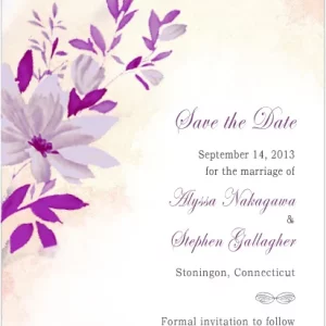purple floral save the date card watercolor wedding announcement soft flowers romantic elegant design pastel background