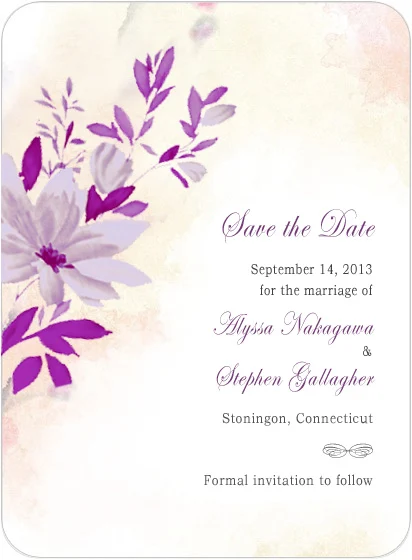 purple floral save the date card watercolor wedding announcement soft flowers romantic elegant design pastel background