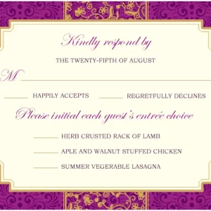 purple and gold RSVP card ornate damask background elegant wedding response card luxury frame design