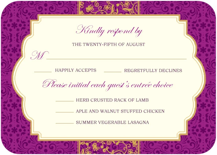 purple and gold RSVP card ornate damask background elegant wedding response card luxury frame design