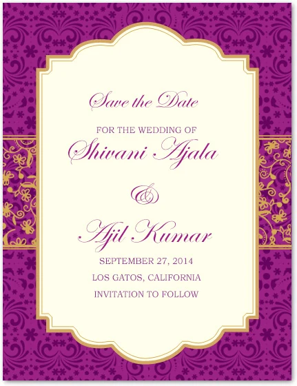 purple gold save the date card ornate indian wedding announcement floral pattern elegant frame traditional design