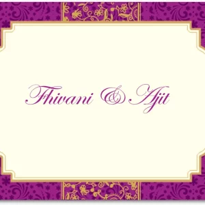 purple damask wedding thank you card with ornate vintage label frame and elegant script typography