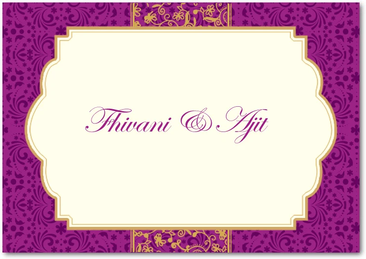 purple damask wedding thank you card with ornate vintage label frame and elegant script typography