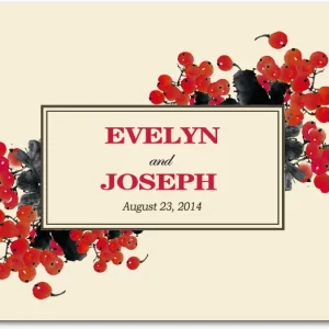 red berry botanical wedding thank you card with vintage label frame and watercolor style design