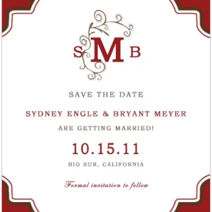 red monogram save the date card elegant classic wedding announcement framed design vintage typography formal layout