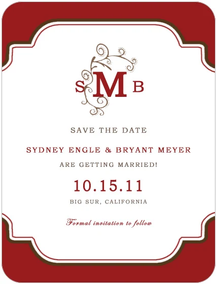 red monogram save the date card elegant classic wedding announcement framed design vintage typography formal layout