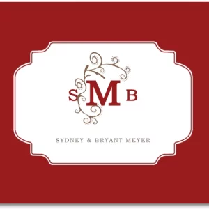 red wedding thank you card with monogram centerpiece and elegant framed label design