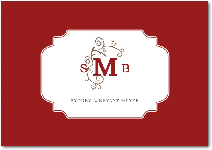 red wedding thank you card with monogram centerpiece and elegant framed label design