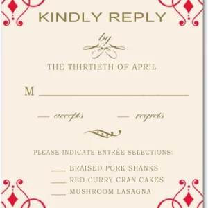 red ornate RSVP card vintage scrollwork elegant wedding response card beige background classic design