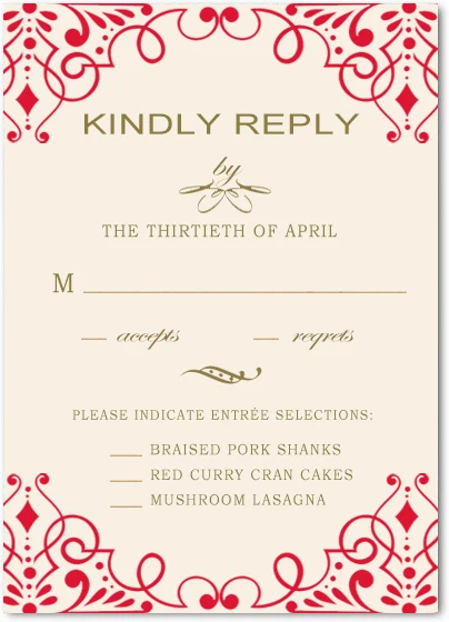 red ornate RSVP card vintage scrollwork elegant wedding response card beige background classic design
