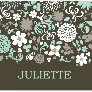 retro floral wedding thank you card with teal and cream botanical pattern on brown background