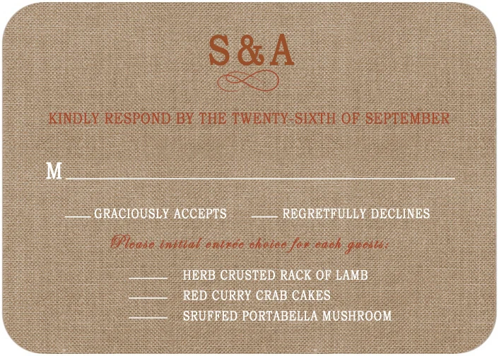 rustic burlap RSVP card country chic wedding response card monogram textured background farmhouse style