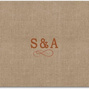 rustic burlap wedding thank you card with minimalist monogram design and textured background