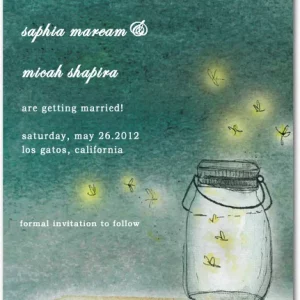 rustic firefly save the date card mason jar illustration glowing lights romantic night wedding announcement teal textured background
