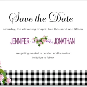 rustic floral save the date card gingham pattern country wedding announcement pink flowers vintage script design