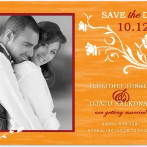 rustic orange save the date card vintage floral design photo wedding announcement warm textured background romantic layout