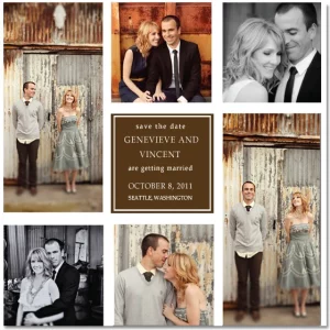 rustic photo collage save the date card vintage wedding announcement multiple photos layout engagement pictures warm tones