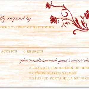 Rustic wedding RSVP card with wood texture background, burgundy floral vine design, and entrée selection options