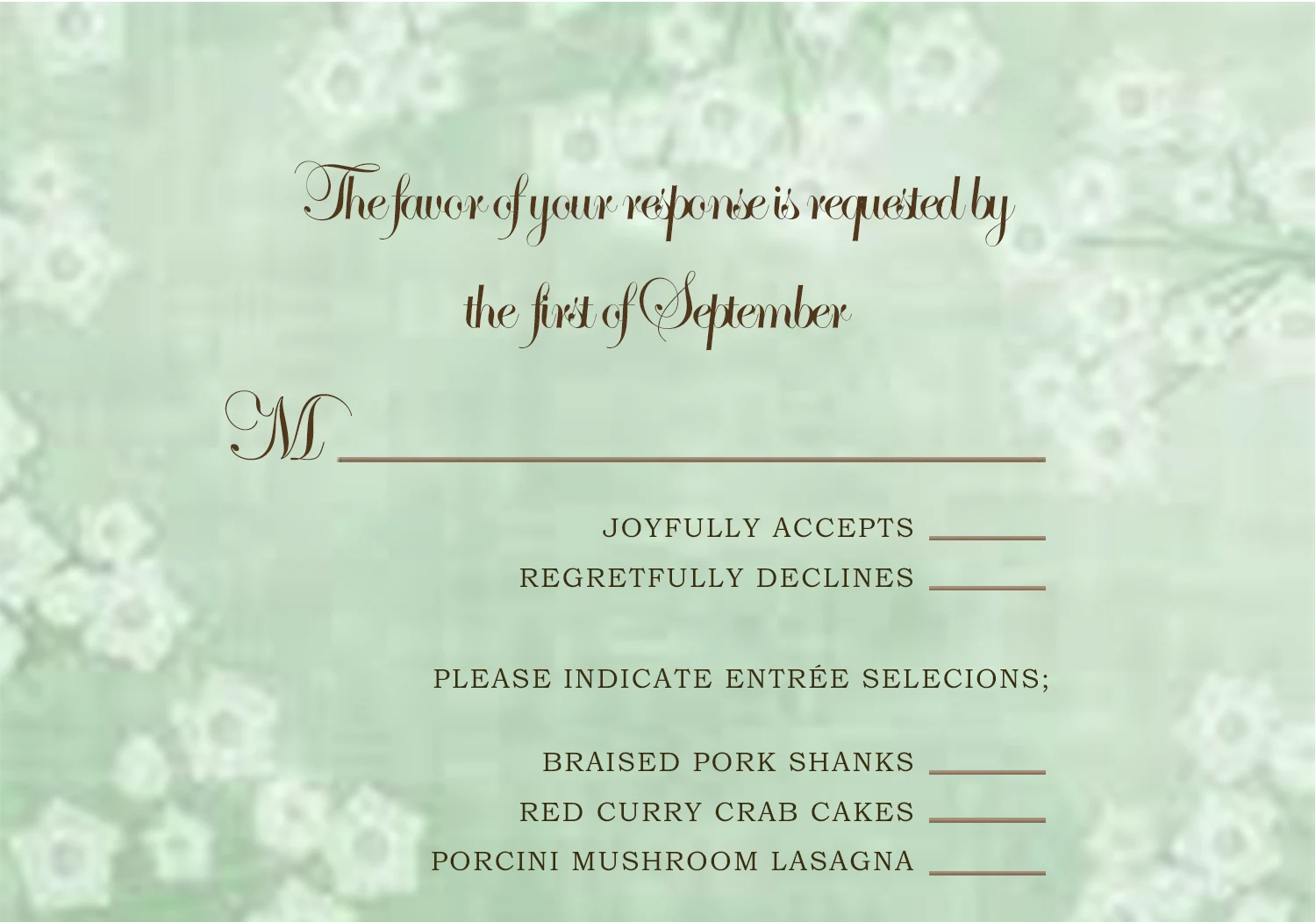 sage green RSVP card elegant damask wedding response card vintage pattern formal wedding stationery menu selection