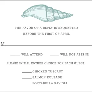 coastal seashell RSVP card elegant beach wedding response card minimalist teal shell design soft grey background
