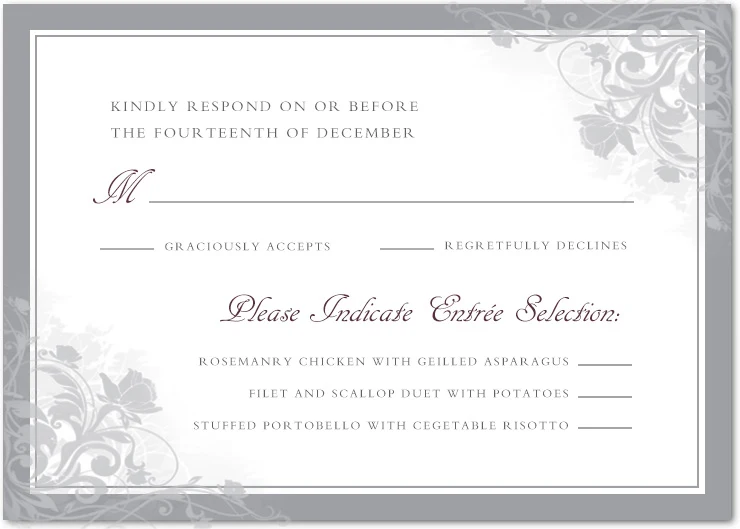 silver floral wedding rsvp card elegant response card classic botanical menu selection wedding stationery