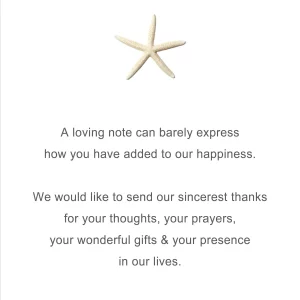 minimal beach wedding thank you card with starfish and soft teal accents
