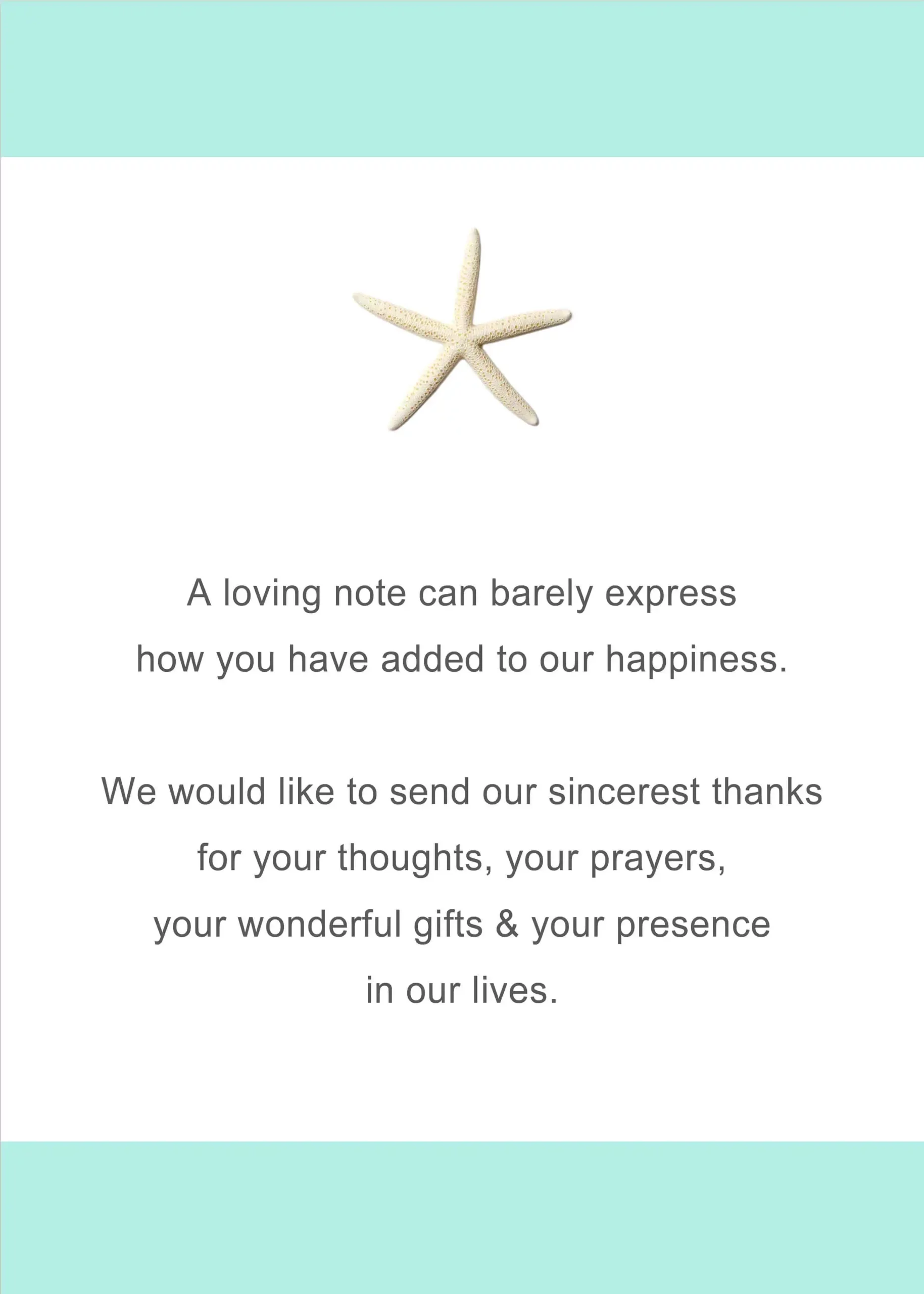 minimal beach wedding thank you card with starfish and soft teal accents