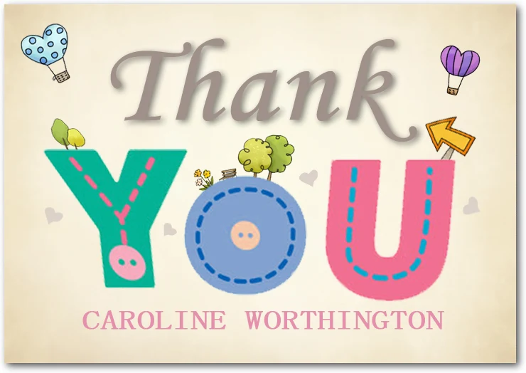 stitched typography thank you card button design cute sewing style colorful letters playful thank you card
