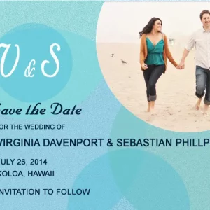 teal photo save the date card modern beach wedding circular photo layout blue gradient design contemporary style