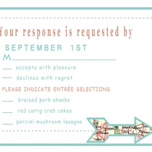 travel map RSVP card arrow design destination wedding response card pastel typography adventure wedding stationery
