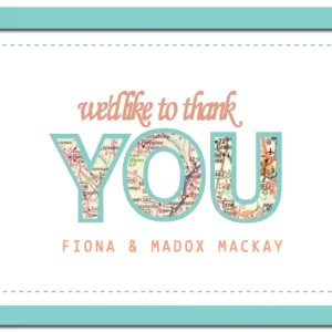 travel map thank you card playful typography wedding design pastel colors destination theme