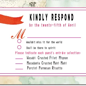 travel themed RSVP card vintage map background colorful modern typography destination wedding response card