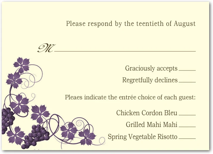 Elegant wedding RSVP card with purple grapevine floral design and vineyard-inspired layout