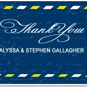vintage airmail thank you card blue script wedding design travel theme border