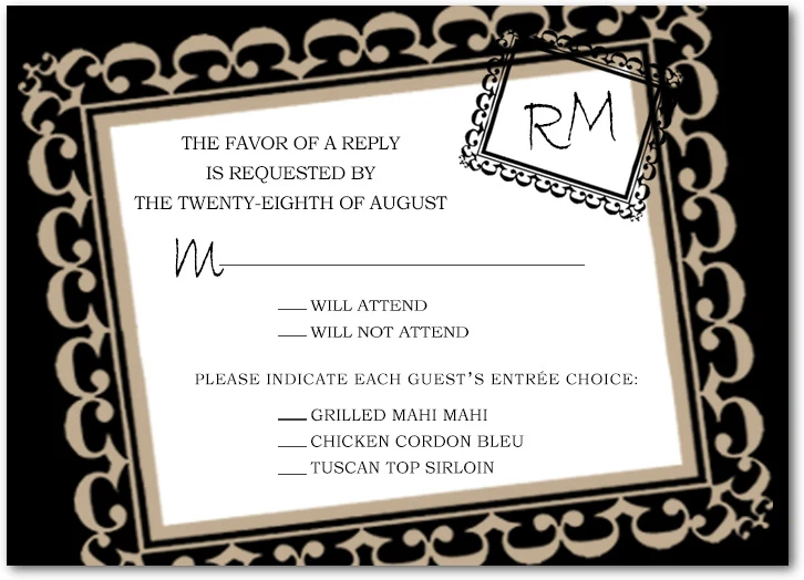 vintage black ivory wedding rsvp card ornate frame elegant response card classic menu selection wedding stationery
